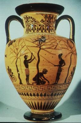 A vase depicting the olive harvest